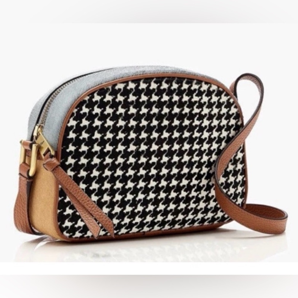 J Crew Devon Houndstooth Calf Hair Pebbled Leather Crossbody Camera Bag Like New